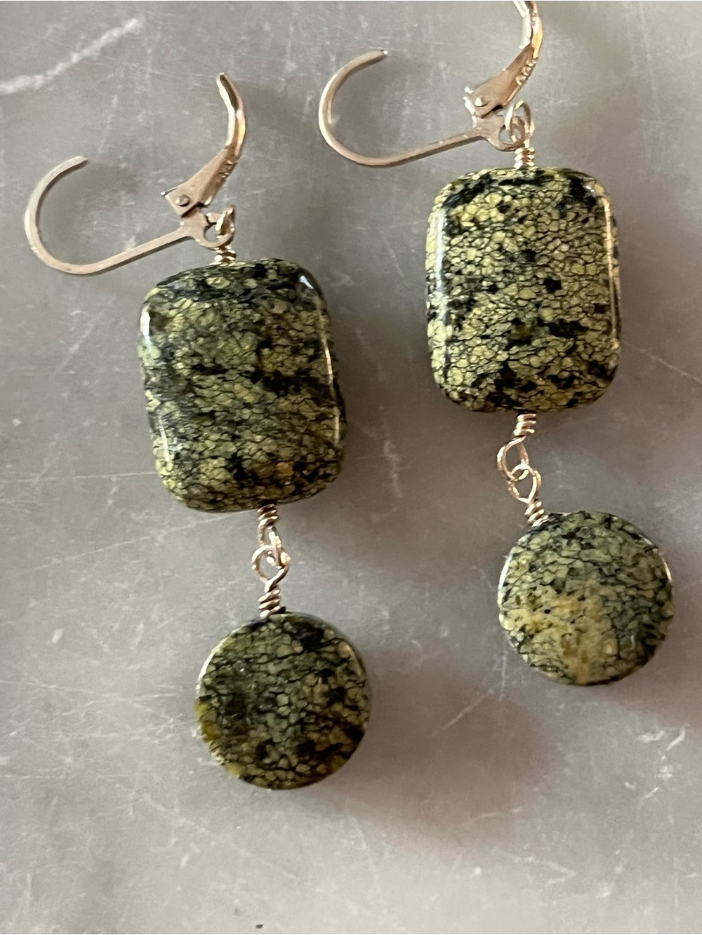 Handmade Serpentine Green Black Stone Drop Earrings -Silver Hooks